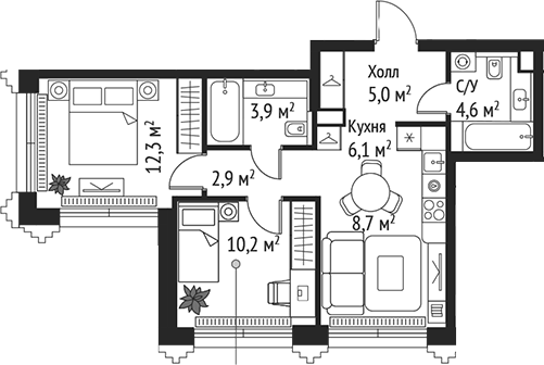 Планировка — Сет, 3-комн., 54 м²
