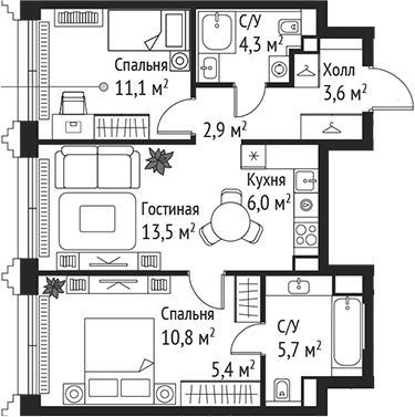 Планировка — Сет, 3-комн., 63 м²