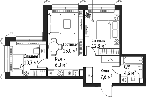 Планировка — Сет, 3-комн., 54 м²