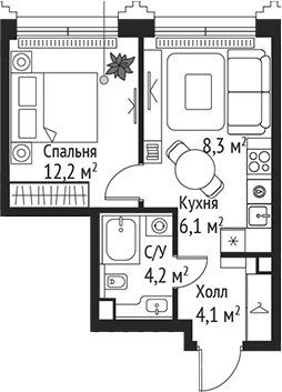 Планировка — Сет, 2-комн., 35 м²