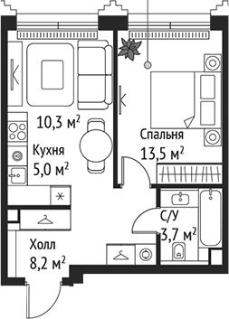 Планировка — Сет, 2-комн., 41 м²