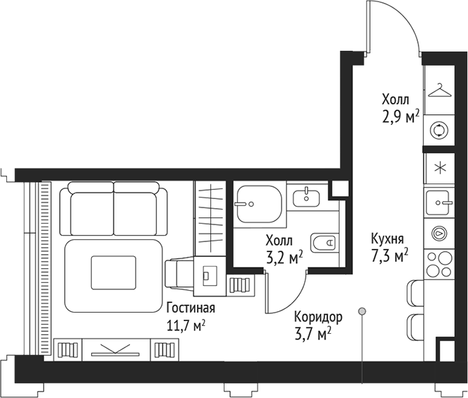 Планировка — Сет, Студия, 29 м²