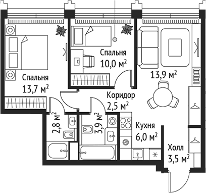 Планировка — Сет, 3-комн., 56 м²