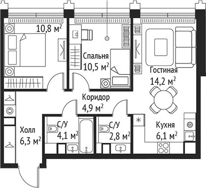 Планировка — Сет, 3-комн., 60 м²