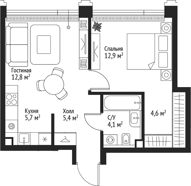 Планировка — Сет, 2-комн., 46 м²