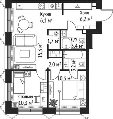 Планировка — Сет, 3-комн., 59 м²