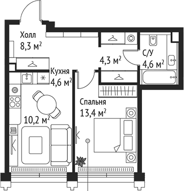 Планировка — Сет, 2-комн., 45 м²