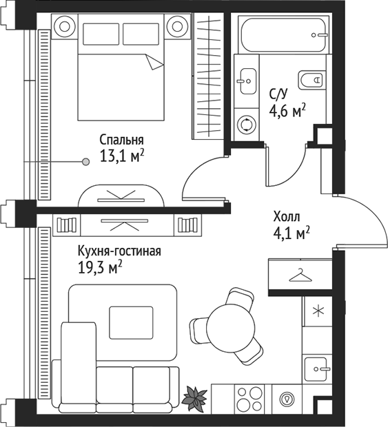 Планировка — Сет, 2-комн., 41 м²