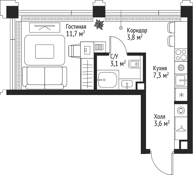 Планировка — Сет, Студия, 30 м²