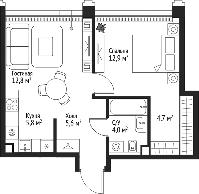 Планировка — Сет, 2-комн., 46 м²