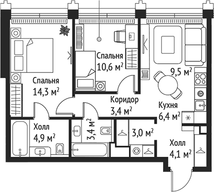 Планировка — Сет, 3-комн., 60 м²