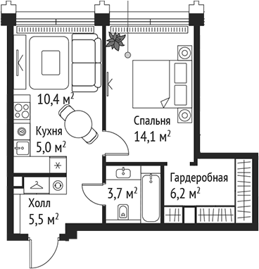 Планировка — Сет, 2-комн., 45 м²
