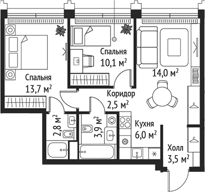 Планировка — Сет, 3-комн., 57 м²