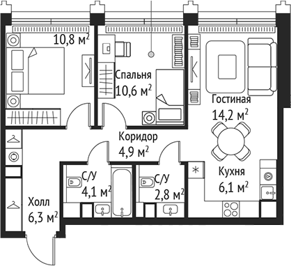 Планировка — Сет, 3-комн., 60 м²