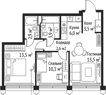 Планировка — Сет, 3-комн., 56 м²