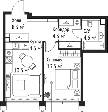 Планировка — Сет, 2-комн., 46 м²