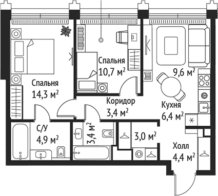Планировка — Сет, 3-комн., 60 м²