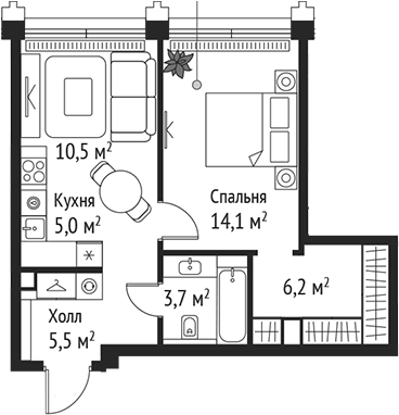 Планировка — Сет, 2-комн., 45 м²