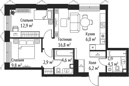 Планировка — Сет, 3-комн., 64 м²
