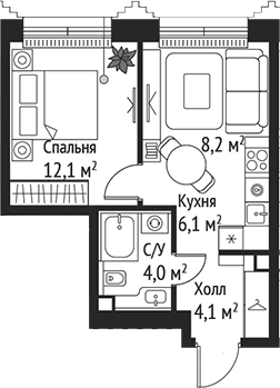 Планировка — Сет, 2-комн., 35 м²