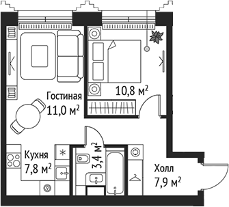 Планировка — Сет, 2-комн., 41 м²