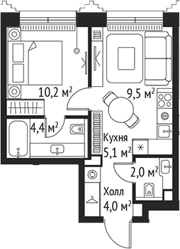Планировка — Сет, 2-комн., 35 м²