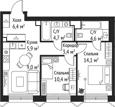 Планировка — Сет, 3-комн., 59 м²