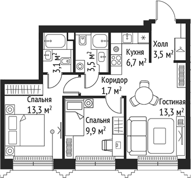 Планировка — Сет, 3-комн., 55 м²