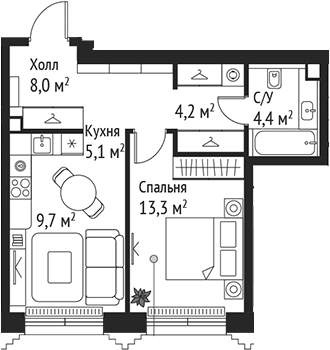 Планировка — Сет, 2-комн., 45 м²