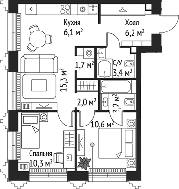 Планировка — Сет, 3-комн., 59 м²