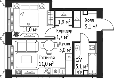 Планировка — Сет, 2-комн., 41 м²