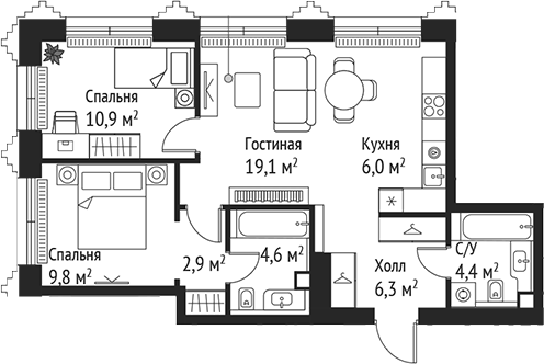 Планировка — Сет, 3-комн., 64 м²