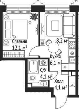 Планировка — Сет, 2-комн., 35 м²