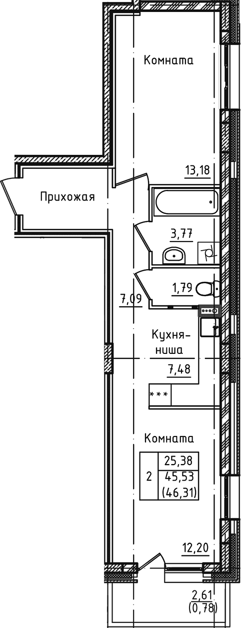Планировка — Зеленый город, 2-комн., 46 м²