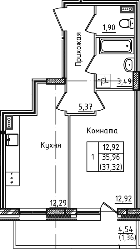 Планировка — Зеленый город, 1-комн., 36 м²