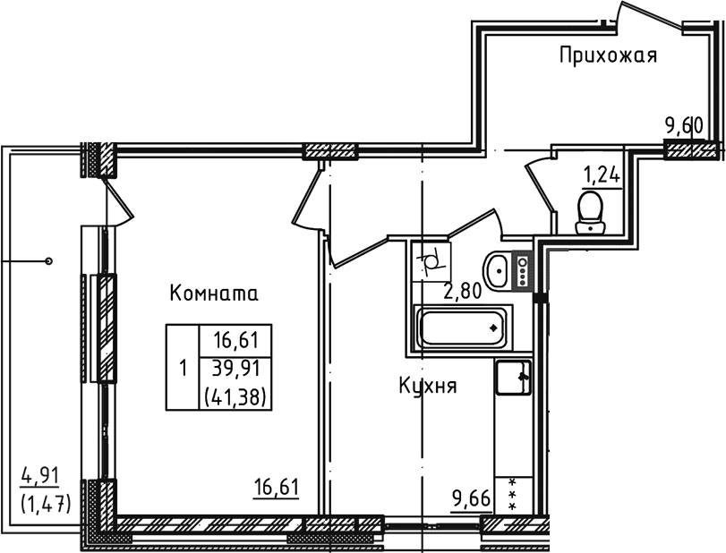 Планировка — Зеленый город, 1-комн., 40 м²