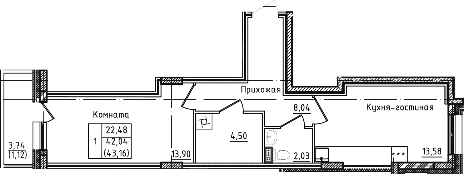 Планировка — Зеленый город, 2-комн., 42 м²