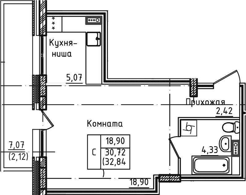 Планировка — Зеленый город, Студия, 31 м²