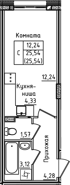 Планировка — Зеленый город, Студия, 26 м²