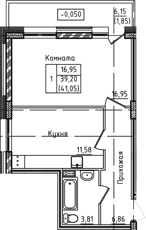 Планировка — Зеленый город, 1-комн., 39 м²