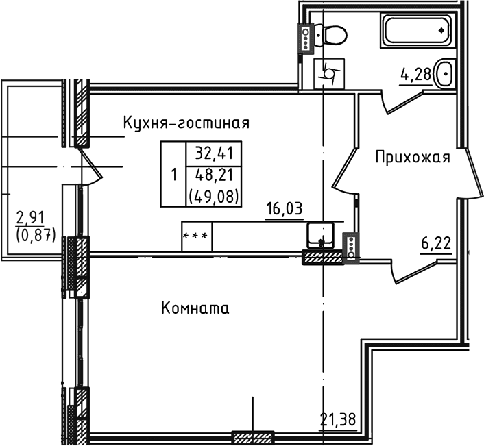Планировка — Зеленый город, 2-комн., 48 м²