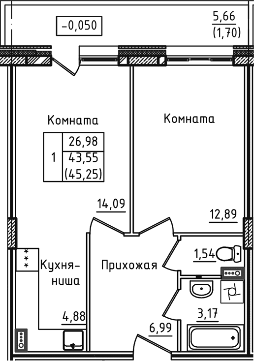 Планировка — Зеленый город, 2-комн., 44 м²