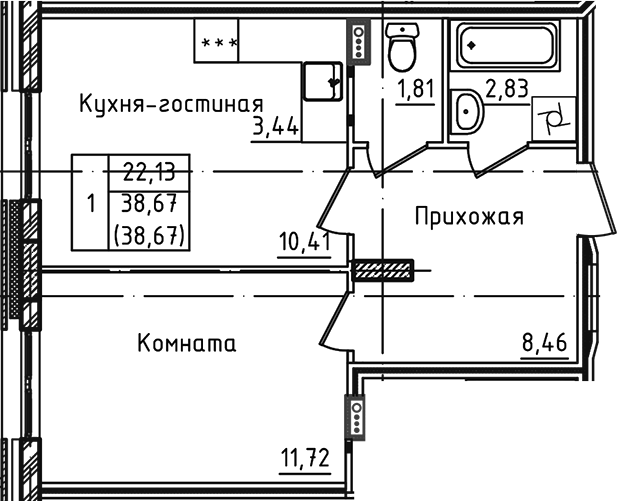 Планировка — Зеленый город, 2-комн., 39 м²