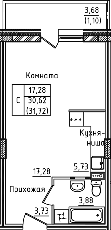 Планировка — Зеленый город, Студия, 31 м²
