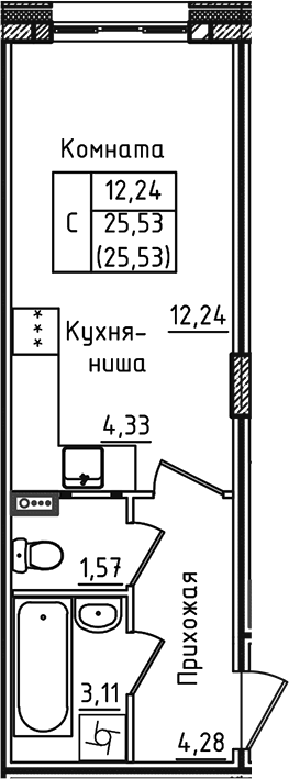 Планировка — Зеленый город, Студия, 26 м²