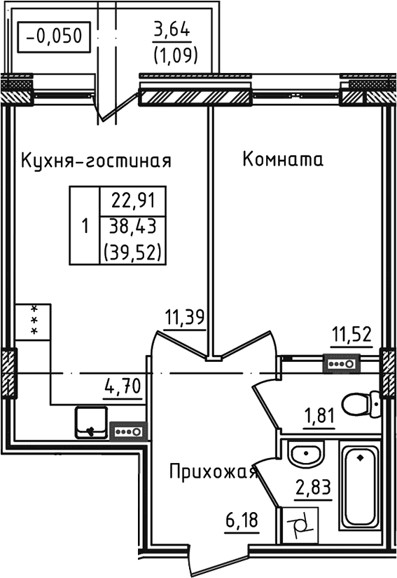 Планировка — Зеленый город, 2-комн., 38 м²