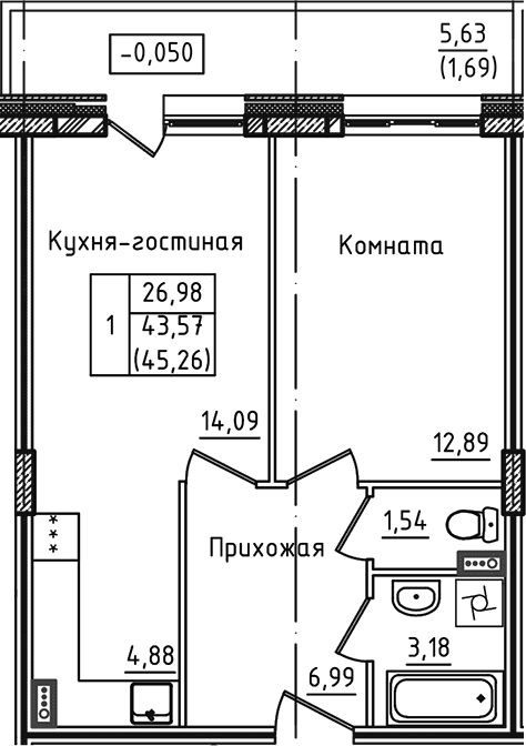 Планировка — Зеленый город, 2-комн., 44 м²