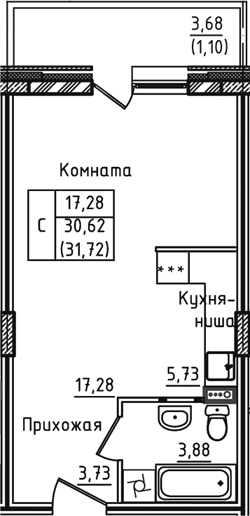 Планировка — Зеленый город, Студия, 31 м²