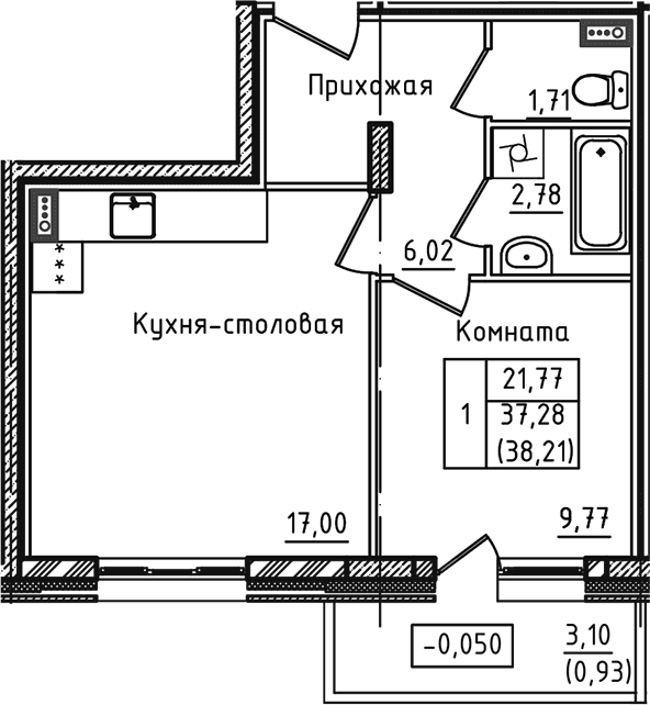 Планировка — Зеленый город, 1-комн., 37 м²