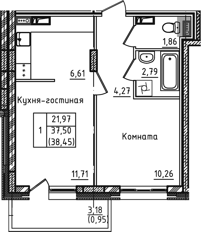 Планировка — Зеленый город, 2-комн., 38 м²